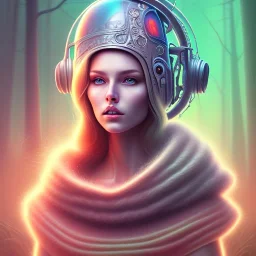 spray painting fantasy art, portrait blonde with headgear in mummy sweater, standing in portal to forest world from desert world,poetry book illustration