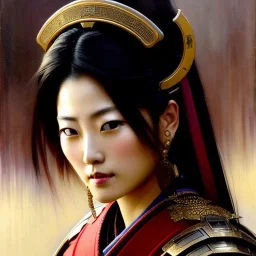 portrait beautiful face japanese female samurai,busty,ancient metal armor balanciaga fashion clothe painting by gaston bussiere, greg rutkowski, yoji shinkawa, yoshitaka amano, tsutomu nihei, donato giancola, tim hildebrandt, oil on canvas, cinematic composition, extreme detail,fit full head inside picture,16k