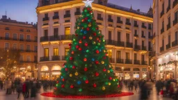 Christmas scene in Plaza del Sol, Madrid, with a giant Christmas tree decorated with colored balls and Christmas lights, with the style of Thomas Kimkade