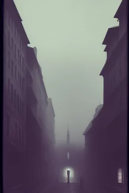 Dark street creepy fog colours strong texture artistic polaroid volumetric light, Yves Tanguy René Magritte Gustav Klimt 8k 3d abstractism