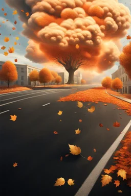 top right corner is a nuclear explosion cloud, top of explosion looks like a autumn tree full of leaves, add leaves falling everywhere in foreground, bottom 2/3 is a road through a road, a wind is blowing away from the tree. a commercial building is on the middle left