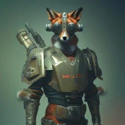 A steampunk soldier Armor wearing Fox,cyberpunk, ultra realistic,shiny, smooth, studio quality, octane render, Surrealism, Triadic colour scheme,ambient lighting polaroid, 100mm