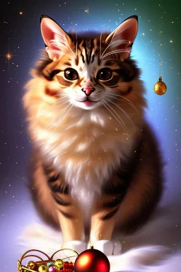 a christmas cat holding a basket of jewels and gems. His fur is realistic. The background is a romantic carpet bokeh digital painting extremely detailed studio lighting crisp quality and light reflections 8k cinematic lighting portrait photorealistic ultra detailed cinematic postprocessing focused