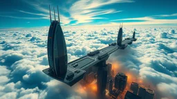 A city floating above the earth, high up in the clouds, sleek, futuristic skyscrapers pierce the sky, floating pathways connect the buildings, flying cars move through the air. The clouds below shift and change colour reflecting the vibrant city lights. Award-winning photograph, beautiful composition, very detailed, 80mm focal length, rule of thirds.