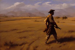 man with the gun walking among dry field by andrea del sarto