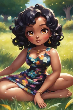 An oil painting image of a chibi black cartoon of a curvaceous woman with flowing black hair twisted up, wearing a colorful maxi dress. She sits relaxed on the grass facing the warm sunlight, which illuminates her face as she looks to the side with a small smile, accentuating her prominent makeup and brown eyes.