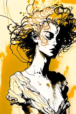 The perception of newness comes from a female figure with blonde curly long hear that undergoes a transformation after some specific action and adapts to a new space as if in the form of a garment, ink, EGON SCHIELE style, maximum detail, quality textures, bright lighting, high resolution