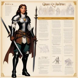 character concept sheet with ad&d statistics and characteristics, [illustration by Angus mcbride for Osprey Publishing’s] Joan of Arc