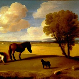 shetland pony, fence, field, oil painting, by Nicolas Poussin