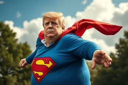 a thoroughly confused, frail, elderly and obese donald trump dressed as superman and flying