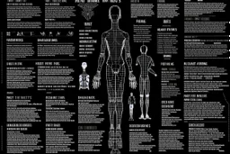 infographic about humans beings, made by alien, black grainy background, strange gliphs, few text with big characters