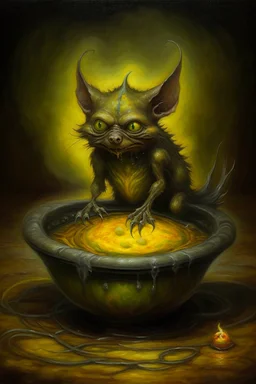 Living cauldron with yellow sigil, slightly demonic beaver alien gremlin bat in it, prize winning oil painting