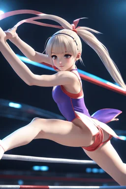 8k quality realistic image of a beautiful anime girl, doing gymnastics ,action, up close, 3d