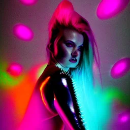 A 1990s or early 2000s magazine party photoshoot. Neon blob, metallic spikes, ethereal. Extremely detailed, HD photography, high quality, stylized, dramatic, high contrast, high exposure.