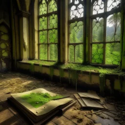 una libreta en un castillo abandonado con un bosque de fantasia en el fondo