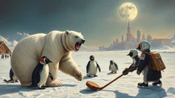 oil painting of Charlie Chaplin as two unstable constable polar growlar bear on the planet of Ceres, with some penguins with hockey masks and backpacks smacking large pucks so we can see its trail, and playing hockey on frozen lake with astronauts, in front of ice megapolis