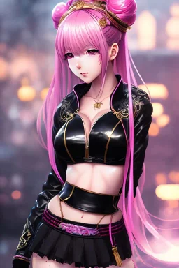 Detailed cute anime Kunoichi girl, pink hair buns, pink bangs, black latex bra, intricate details, big boobs, full body portrait, keep head in frame, slight smile, black Japanese motif, concept art, highly detailed, digital painting, concept art, sharp focus, illustration, art by Yoji Shinkawa, WLOP and greg rutkowski and alphonse mucha and artgerm and yanjun Chen and Junji ito and Makoto Shinkai, HDR, octane render