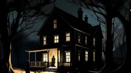 An old, dilapidated house, surrounded by bare trees and leaves scattered on the ground. Dim light from an old street lamp shines light on the house. One illuminated window in the house, evoking a sense of awe and curiosity. In the foreground, a person stands trembling, looking into the dark house Colors are dark, such as black, brown and grey. Use some bright colors, such as red or orange, to create a feeling of danger and dread