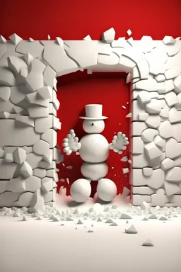 3d Christmas snowman, breaking through the wall, plaster texture, white and red, 3d background