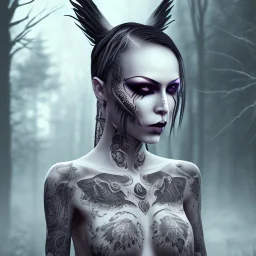 gothic makeup, female monk, dark forest, shaved head, raven tattoo, full-body