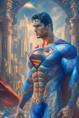 Superman.He looks forward with radiant eyes In a new, sophisticated suit decorated with a Mandala pattern. Strong, fit body. Muscles. A cinematic scene. A destroyed city scene