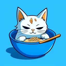 noodles, no_humans, bowl, chopsticks, cat, food, heart, closed_eyes, eating, spoken_heart, ramen, sitting, solo, holding_chopsticks, blue_background, :3, holding, tail, calico, simple_background, maneki-neko, ^_^, animal_focus, cat_tail