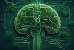 circuitry intertwined with green foliage, brain-shaped nodes interconnected with geometric lines, generating AI insights