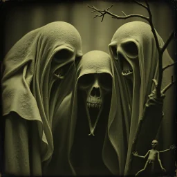 Daguerrotype close up of some mysterious figures, odd background, cinematic, Hieronymus Bosch, Max Ernst vegetal life, rotten, ambient light, ghost, cry