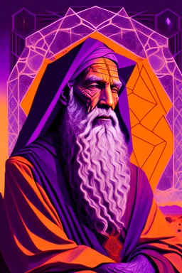 Portrait of Moses the patriarch in a zen mood the desert fantasy with sacred geometry in purple and orange tons