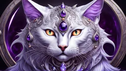 (ghost-white:1.5)_ demonic_cat with purple and peach accents, surrealism, renaissance, silver filigree fur, vivid tattoo ink, wayne barlow, salvador dali, shiny glass jewels, 8k resolution, epic, beautiful, masterpiece, trending on Artstation, ultra detailed, sharp focus, deep color, vibrant, wet, gloss