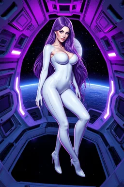 White woman with long purple hair, a good, athletic body, nice legs, and a large bust, dressed in a white latex mini suit and black, stay in an alien-like technological ship, black ground moon and stars