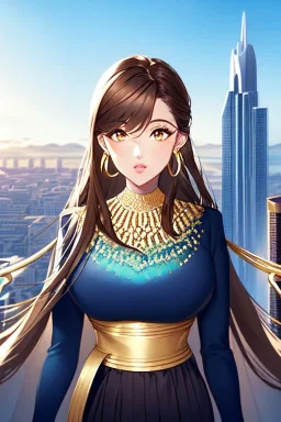 Young business woman, dark orange eyes, dark brown hair, elegant hair, thin lips, gold hoop earrings, waist up portrait, 8k resolution, intricate details, ornate details, soft lighting, vibrant colors, retroanime, masterpiece, realistic, intricate eyeliner, dark eyeshadow, eyes,futuristic cityscape background