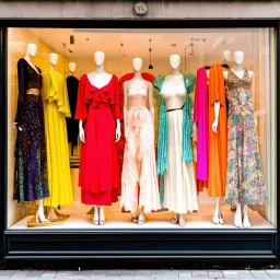 A shop window with women's fashion all bright and delicate colors