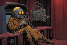 Man sitting in movie theater wearing strange headwear of metal miners helmet with a movie reel attached to side projecting a old movie onto the movie screen, surreal, by Tim Burton, by Giger, by Moebius, steampunk aesthetics, concept art, hyperreal, cool complementary colors, unreal engine 5.