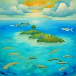 A bluish gray island with dolphins painted by Georges Seurat