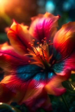 epic close up of a sunset multicolor Hibiscus flower with innumerable petals, front illumination only, forest background, magic wake, fantasy illustration, sparks, glitter, grainy, noise, fractal crack effect, cinematic, deep depth of field, 3D, 16k resolution photorealistic, a masterpiece, breathtaking intricate details, reflective catchlights, high quality, abstract vector fractal, wave function, Zentangle, 3d shading