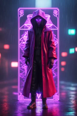 Volumetric fog lights,paradise sacred geometry framed playing card, black, red, spore and purple neon cyber punk dancer thief in soaked rain coat shadows boss card in the style of escher and fallout 4 ,,bokeh like f/0.8, tilt-shift lens 8k, high detail, smooth render, down-light, unreal engine