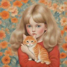 1970s, blond Little girl si in red, long hair parted in the middle, hugging an orange cat, in the style of Margaret Keane, flowered wallpaper,
