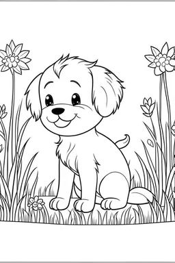 cute coloring page, sketch style, cute baby dog in the park, cartoon, white and black, withe background, no shadows, outline.