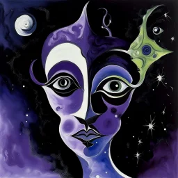 A blackish purple galaxy with an alien queen painted by Pablo Picasso