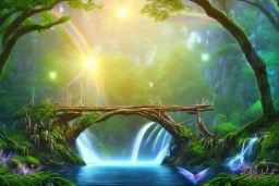 Forest waterfall palms twigs spring, rainbow bridge birds