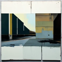 Minimal contemporary abstract oil paintings of desolate 1960s carpark with road markings and concrete fragments. Overlay with grungy typography graphics. style of Justin Mortimer and Francis Bacon.