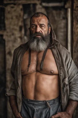 close up photography of an ugly 44 year old beefy robust burly turkish homeless, wearing his work unbuttoned bulging overalls, bulge, shirtless, leaning with his back on the wall, hands on the fap, dirty, sweat, wet, ajar mouth, hairy chest, , very virile, short black beard, shaved hair, sweat, , in a sunny street, photorealistic , frontal view from the ground