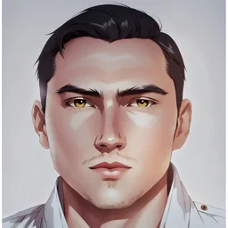 mysterious youthful Russan male, man, dark and intriguing, confident, intense, handsome, anime style, retroanime style, cool style, dark black short hairs, white shirt, white paint background, white man, brown eyes, middle lips, A small smile, small stubble, The head looks straight ahead