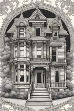 Victorian House Mandala Create a mandala centered around a Victorian house, with ornate architectural details radiating outward. The lines should be crisp and well-outlined, fitting the clean, shadow-free sketch style.