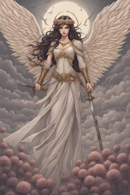 Dahlia, angel of righteous demise, Traces with her scythe a five-pointed star— A prison to bind the demon in his tracks. Raising her blade to the gloomy skies, She invokes her sacred, fearsome role— "I am the goddess of the dead and damned!"