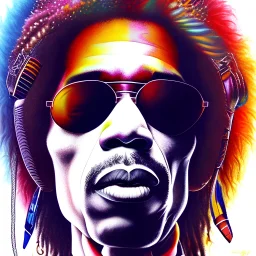 a realistic picture of Jimi Hendrix with dreadlocks, at a turntable with headphones on being a DJ, vivid color, with sunglasses, psychedelic trippy art, with UFOs in the background