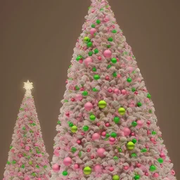 Giant christmas tree white and pink, whit many light in a forest at night