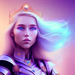 smiling beautiful long hair blond man face with small cristal diadem on the forehead , cosmic armor and cosmic purple and blue sky behind