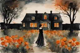 Night, one woman, orange flowers, gothic horror movies influence, distant house, epic, winslow homer watercolor paintings